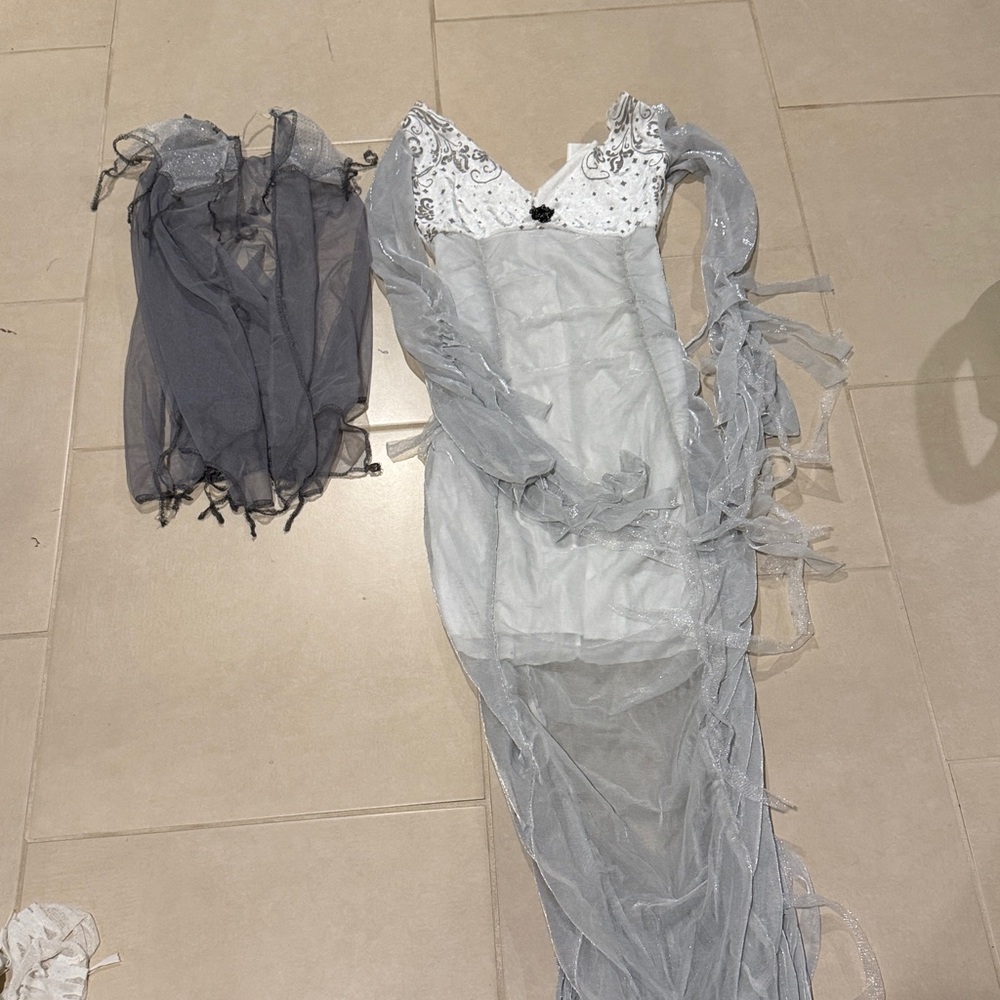 Elegant White and Gray Dress with Sheer Overlay